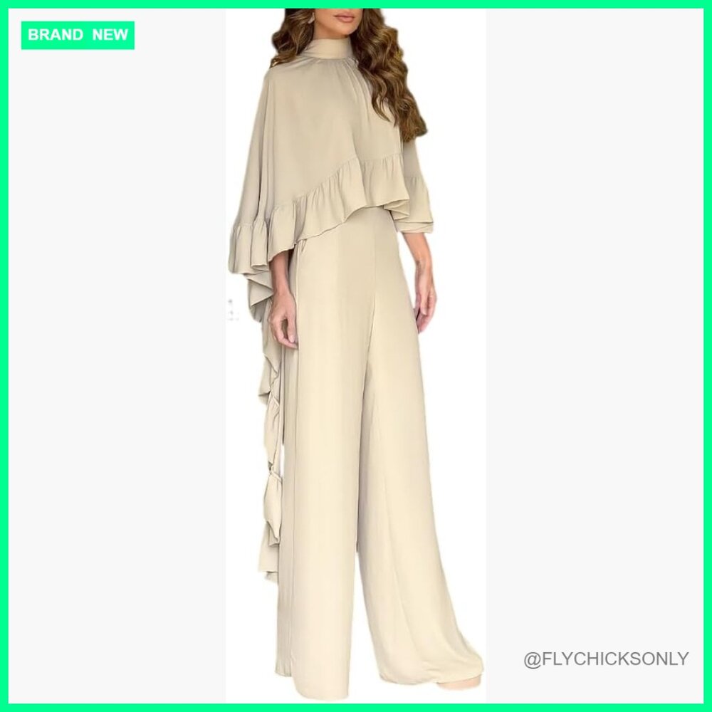 High-Low Ruffles Hem Cape Top And Wide Leg Pants Matching Set